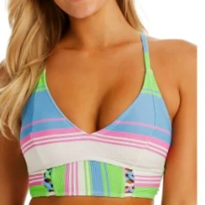 Jessica Simpson Striped Multicolored Bikini Swim Top Size M Lace-up Ribbed - Picture 1 of 9