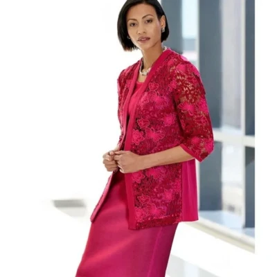 $350 Ming Wang Women’s Heritage Fit Floral Lace Hot Roselle Pink Jacket, 2X - Image 1 of 4