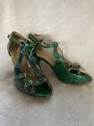 Burju dance shoes 10 green reptile patent leather 4" heels T strap salsa tango
