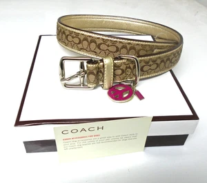 NEW COACH GOLD LEATHER BROWN JACQUARD SIGNATURE C DOG PET COLLAR 60339 SIZE XL - Picture 1 of 16