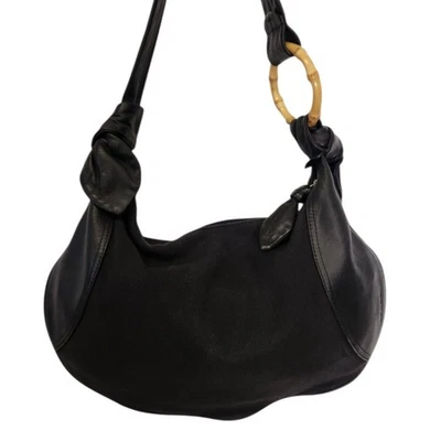 Bolso Cartera de Hombro Lancel Paris Hobo Cuero Negro Lona Bambú Anillo Media Luna Foto 1 de 4