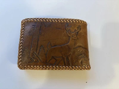 Cartera plegable vintage de cuero mecanizada a mano ciervo hecha a mano estilo occidental Foto 1 de 4