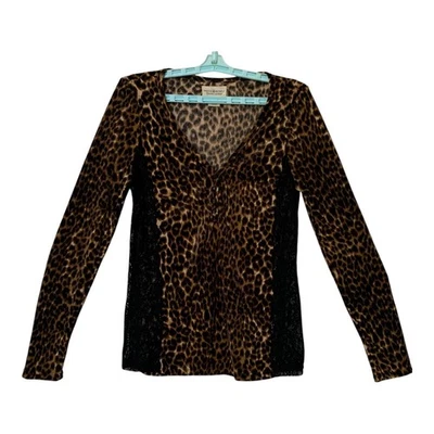Blusa Denim & Supply Ralph Lauren Mujer MED Negra Marrón Encaje Estampado Leopardo Camiseta Foto 1 de 4