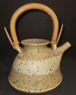 Coffee Or Tea Pot Stoneware 6" X 10" Pottery Wicker Wooden Handle Kitchen  Decor