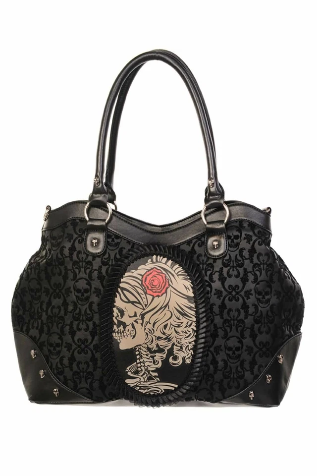 Bolso de Mano Negro Gótico Flocado Cameo Dama Rosa Punk Rock Ropa PROHIBIDO Foto 1 de 1