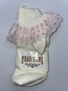 Vtg 90s TRADITIONS Child Girl Dress Sock 6-8 1/2 Triple Ruffle Ribbed Ankle Cuff - Picture 1 of 5