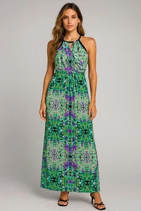 En Focus Studio Maxi Dress Womens 10 Green Keyhole Draped Floral Boho Parisian - Picture 1 of 14