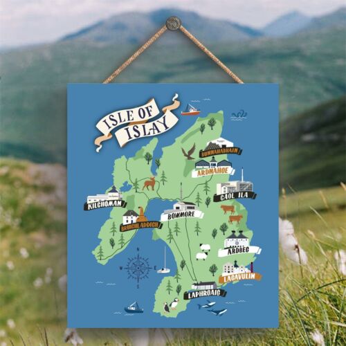 ISLE OF ISLAY WHISKY DISTILLERY MAP OF SCOTLAND ILLUSTRATION WOODEN PLAQUE
