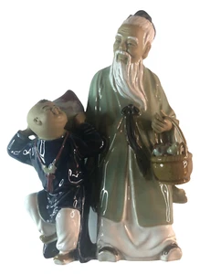 CHINESE MUD MEN OLD MAN/GRANDSON/BOY FIGURINE GLAZED CERAMIC FIGURINE 10" - Picture 1 of 6
