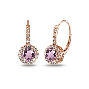 Simulated Alexandrite & White Topaz Leverback Earrings Rose Gold Plated Silver - Picture 1 of 3