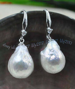 13-14mm White Baroque Reborn Keshi Freshwater Pearl Dangle Silver Hook Earrings