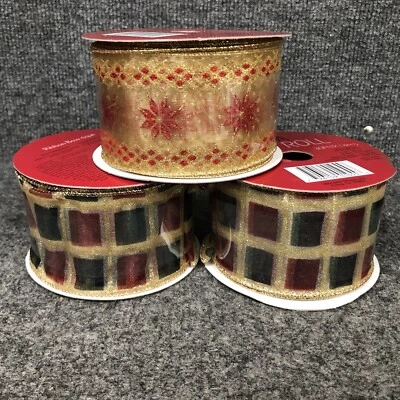 Lot Of 3 Vintage 2 1/2” Mega Rolls Of Sheer Wired Christmas Ribbon 3 @ 10yds New - Image 1 of 4