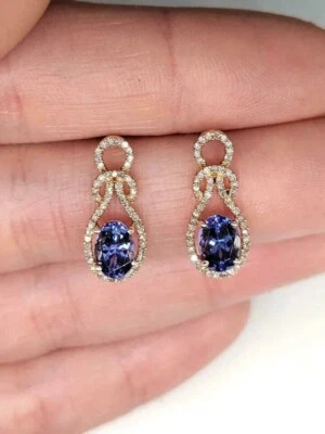 Brincos pendentes/gota de tanzanita simulados corte oval 2 quilates folheados a ouro amarelo 14K - Imagem 1 de 4
