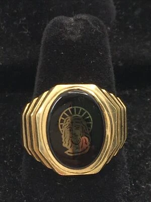 Solid 14K Yellow Gold Onyx Religious Men’s Ring 8.5gr. Size 9.5 - Изображение 1 из 4