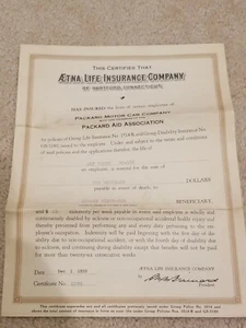 1930 Aetna Life Insurance Company Packard Motor Company Life Insurance Policy - Picture 1 of 6