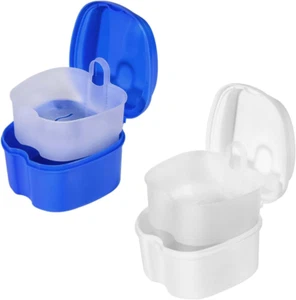 2 Pack Colors Denture Bath Case Cup Box Holder Storage Soak Container with Strai - Picture 1 of 12