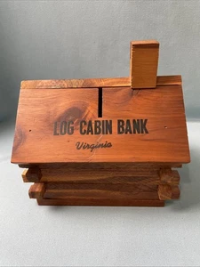 VTG Virginia Log Cabin Bank Savings Bank Cedar Wood 6" x 4" Base 7" Tall - Picture 1 of 12