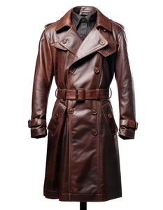Men’s Long Brown Genuine Leather Trench Coat Vintage Double-Breasted Belted Coat - Picture 1 of 7