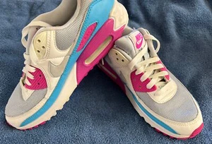 Nike Air Max 90 Damen 8,5 weiß-vivid pink-blau Fury-gebraucht-ohne Einlegesohlen - Bild 1 von 18
