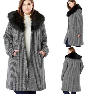 Jessica London schwarz weiß Tweed mittellanger Kunstfellkragen Mantel 16W - Bild 1 von 11