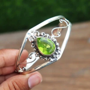 Green Peridot Gemstone 925 Sterling Silver Jewelry Cuff Bracelet Size-ADJ - Picture 1 of 8