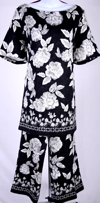 ST.John Couture 女式黑色白色灰色花卉印花束腰外衣和裤子,尺寸 6-8 — 第 1/4 张图片