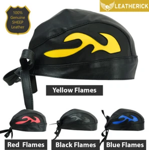 Black Biker BANDANA Leather Cap Flame Style Head Wrap Doo Du Rag Skull Cap Scarf - Picture 1 of 24