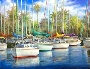 Colorido Paul Wren Grande PINTURA AL ÓLEO ORIGINAL Boaters Paradise Certificado de autenticidad firmado a mano - Imagen 1 de 2