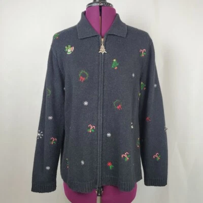 Suéter navideño Studio Works para mujer con cierre de cremallera talla pequeña bordado Foto 1 de 4