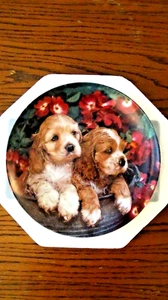 BRADFORD EXCHANGE PUPPY PLATE Two's Company Collection, "Spring Spaniels" - Picture 1 of 4