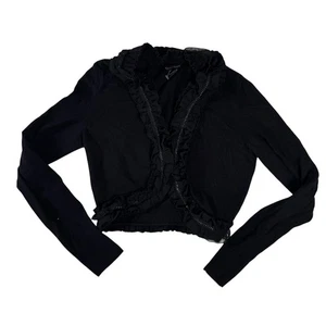 White House Black Market Black Ruffled Collar Open Cardigan Sweater Size Small - Picture 1 of 24