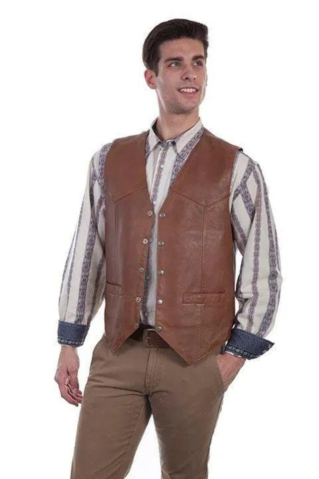 Scully Men's Saddle Tan Lambskin Snap Down Vest 507-15