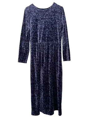 Vintage 90s LL Bean Dress Womens S/M Blue Floral Berries Pullover Midi Velour - Image 1 of 4