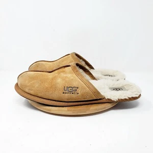 UGG Scuff Slippers Mens 10 Brown Leather Slip On Shoes Shearling Lined Mule - Picture 1 of 14