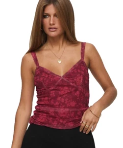 Princess Polly Attention On Me Y2K Floral Babydoll Dark Fairy Red Sheer Camisole - Picture 1 of 13