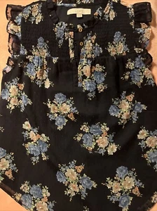 Loft Sleeveless Top Women’s SizeSmall Floral Ruffle Neck And Sleeve - Picture 1 of 5