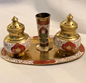 Vintage Enameled Brass Tray Salt & Pepper Shaker Toothpick Set - India - Picture 1 of 10