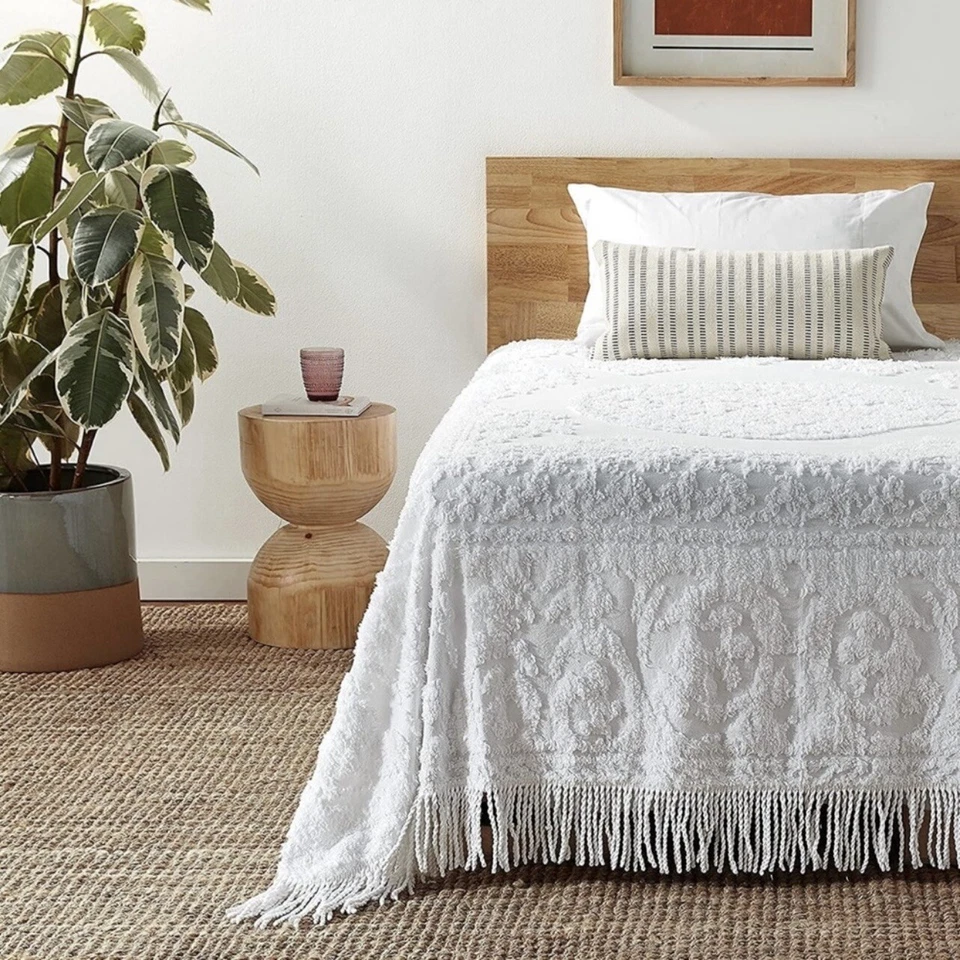 New Anthropologie White Queen King Damask Quilt Bedspread Blanket & Sham Set - Image 1 of 4