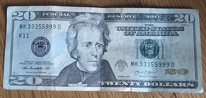 Fancy Serial Number US Treasury $20 Bill Trinary #MK33355999D - Picture 1 of 6