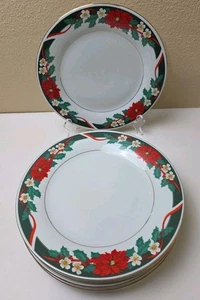 Tienshan Fine China Deck The Halls Dinner Plate 10.5” Poinsettia Lot of 6 - Picture 1 of 8