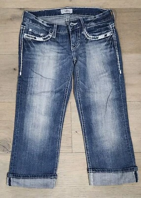 Pantalones de mezclilla Daytrip Leo Crop Capri para mujer talla 25 azul lavado medio tiro bajo con puños Foto 1 de 4