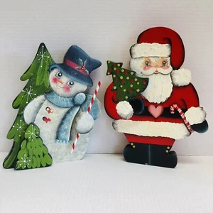 Hand Painted Wood Santa & Snowman Christmas Holiday Mantle Shelf Decor 9” Tall - Picture 1 of 18