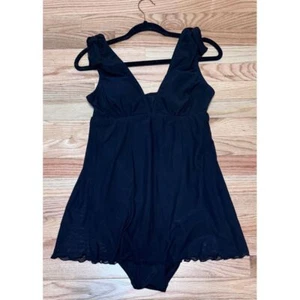 Vintage Y2K Modest One Piece Swimsuit Size 10 Skirted Tie Shoulders Slimming - Picture 1 of 5