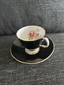 Rare Adderley Floral Bone China Black Teacup & Saucer Made In England - Picture 1 of 7