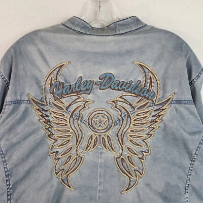 Harley Davidson Womens Biker Cafe Jacket Blue Embroidered Distressed Size 3W - Image 1 of 4