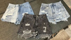 Lot of 3 Jean Denim Cut off shorts Shein Women's sz small Blue Black Distressed - Picture 1 of 24