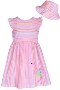 NWT Bonnie Jean Girls Size 4T Pink Stripe Seersucker Flamingo Dress & Hat Set - Picture 1 of 2