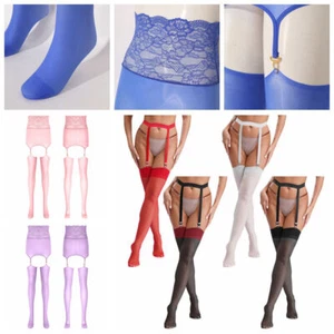 Women's Elastic Garter Belt High Stockings Suspender Belt Set with 4 Straps Clip - Picture 1 of 100