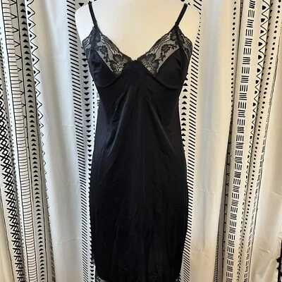 Vtg Kaysar Women’s Black Sheer Full Slip Dress 36T Whimsy Goth Fairy Witchy Lace - Image 1 of 4