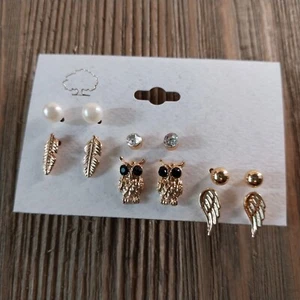 Eulen Federn Engelsflügel Strass goldfarben Ohrringe Schmuck 6er Set - Bild 1 von 6